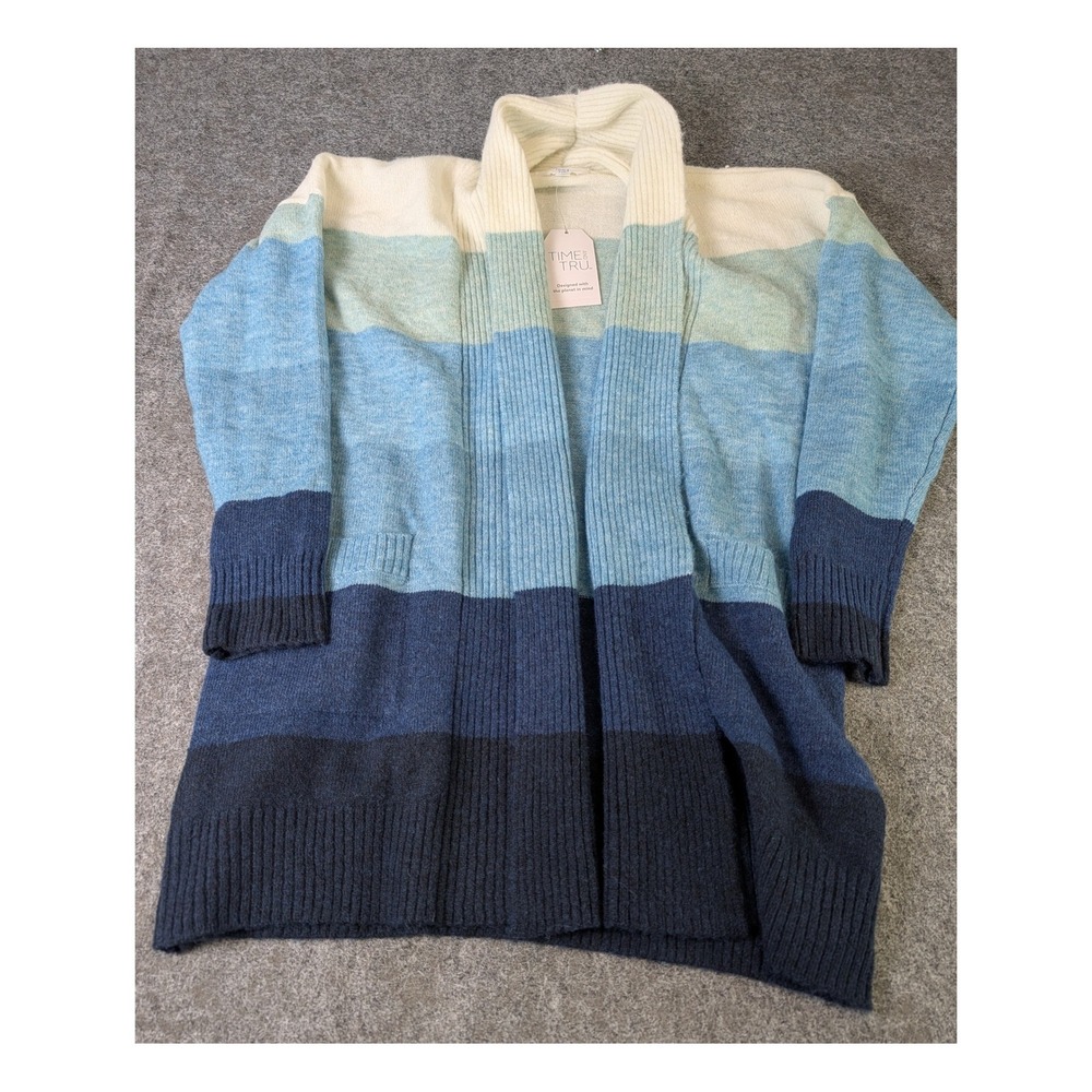 Time and Tru Fuzzy Cardigan Blue Combo Striped Open Front Sweater M 8-10 TT15100
